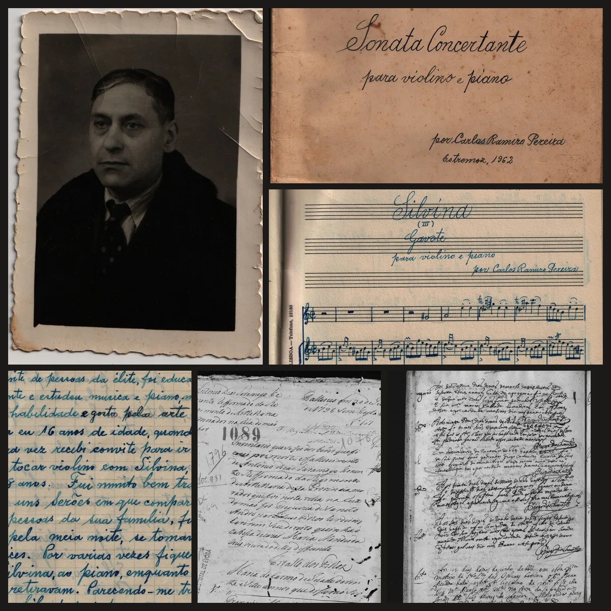 Six documents: a portrait of the composer Carlos Ramiro Pereira, his Sonata Concertante (Estremoz, 1962), the Silvina gavote, his 1962 memoir, a 1796 orphans' inventory and a seventeenth-century Galveias baptism page