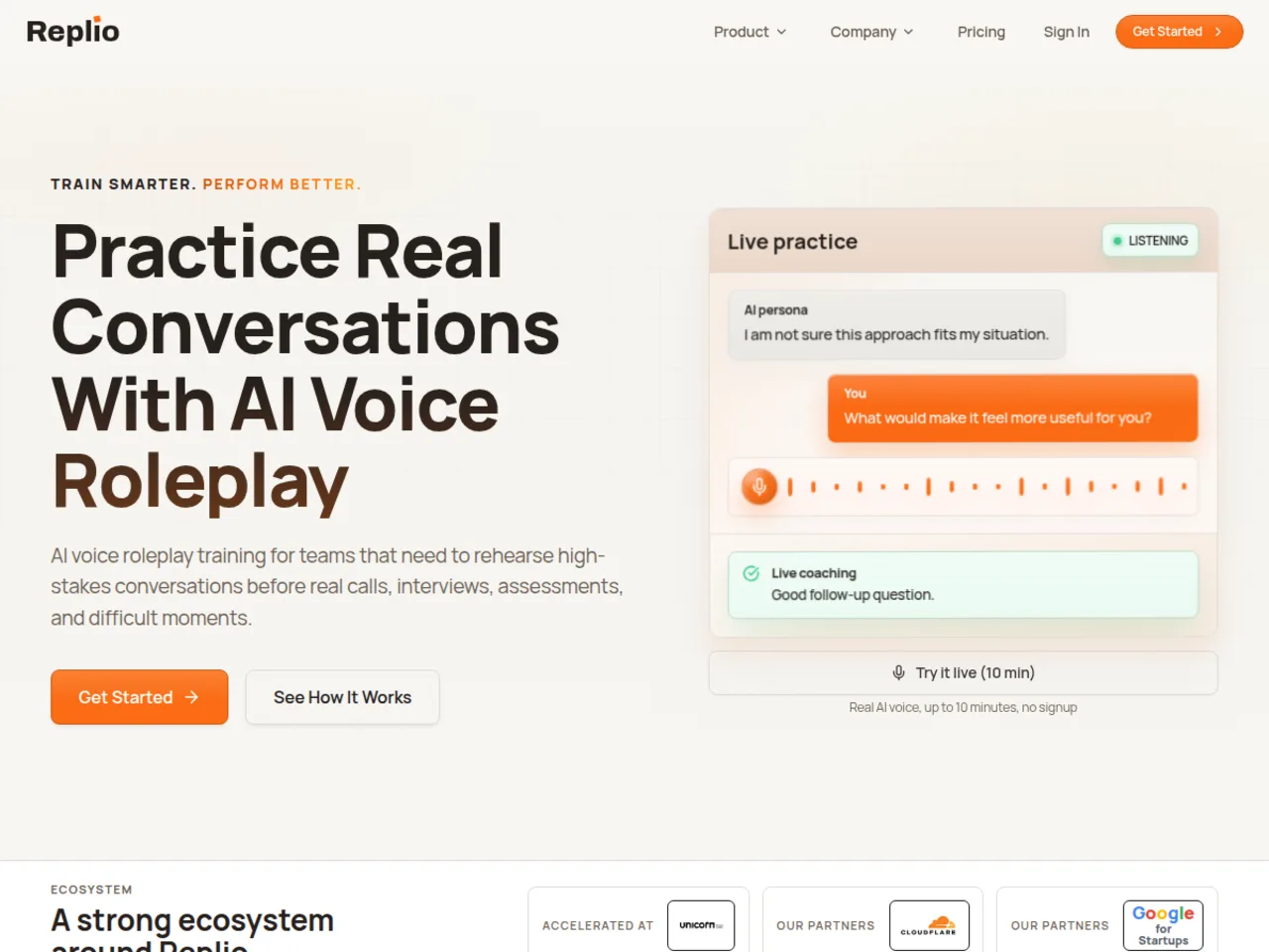 Página de inicio de Replio: practica conversaciones reales con roleplay de voz por IA