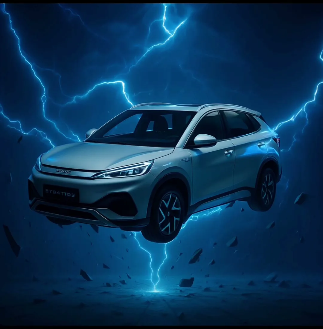 Coche BYD rodeado de rayos azules, generado con IA